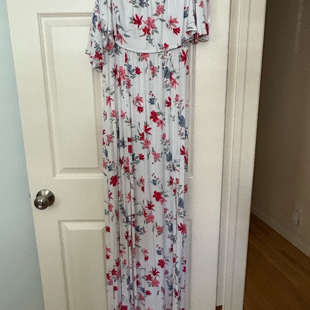 H&M Divided White Floral Print with Pink and Green Accents Maxi Shoulder Dress